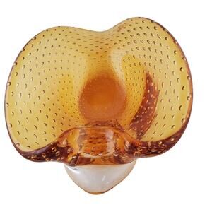 Vintage Murano Folded Edge Art Glass Bowl Ashtray Amber Controlled Bubbles Italy